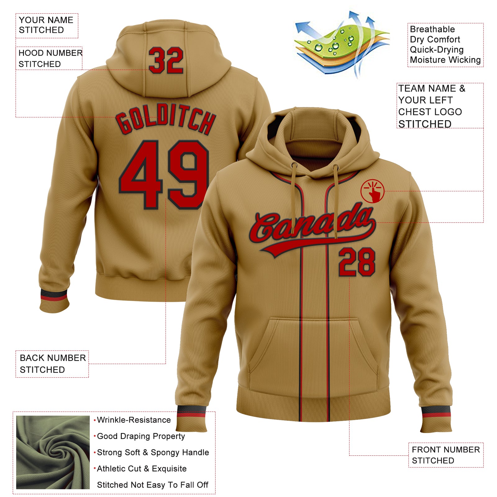 Custom Stitched Old Gold Red-Black Baseball Pullover Sweatshirt Hoodie