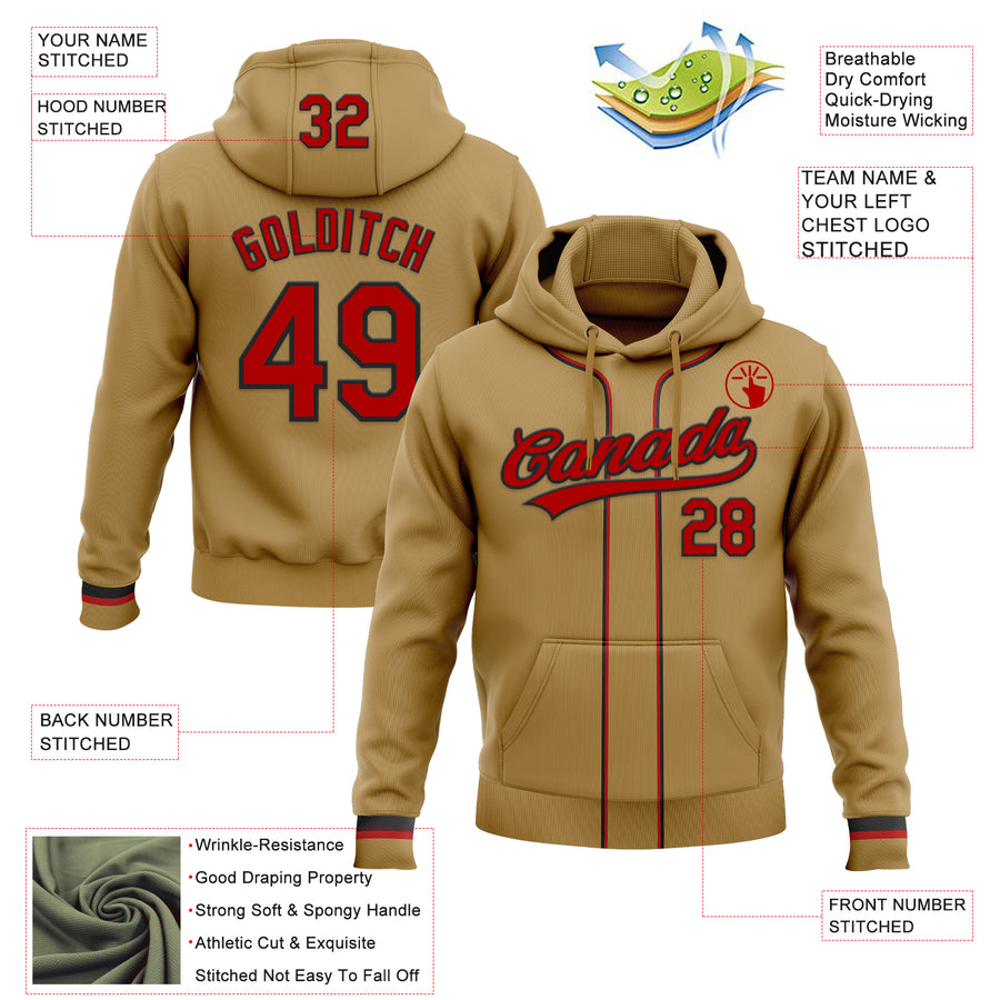 Custom Stitched Old Gold Red-Black Baseball Pullover Sweatshirt Hoodie