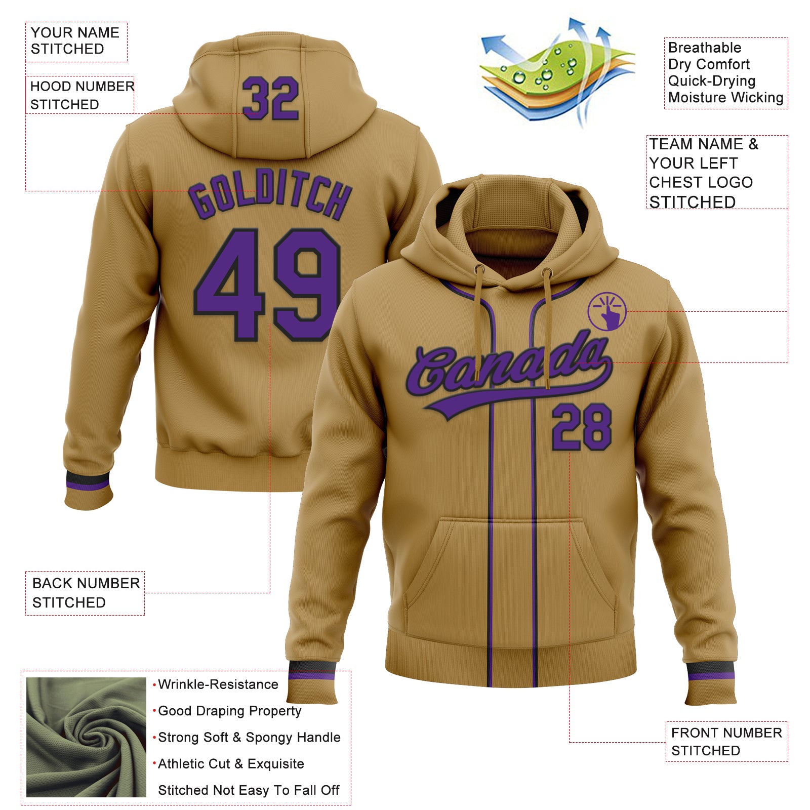 Custom Stitched Old Gold Purple-Black Baseball Pullover Sweatshirt Hoodie