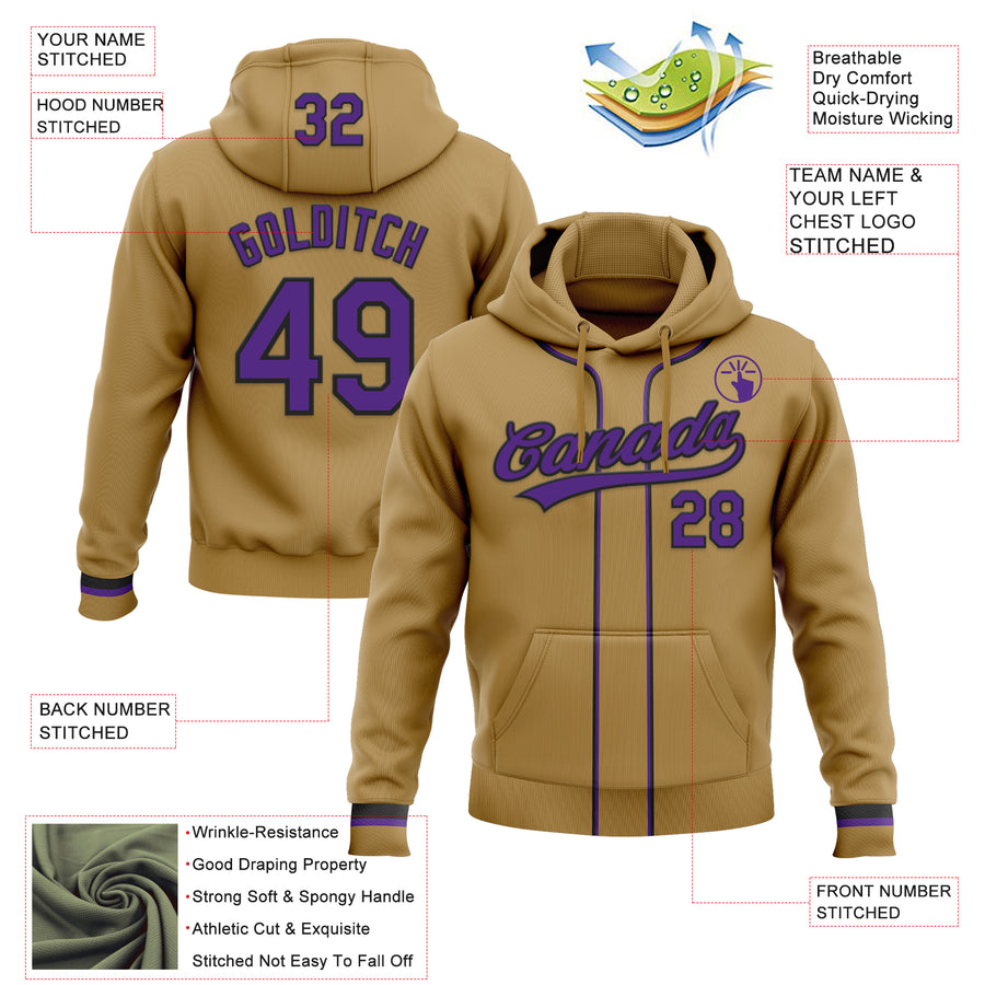 Custom Stitched Old Gold Purple-Black Baseball Pullover Sweatshirt Hoodie