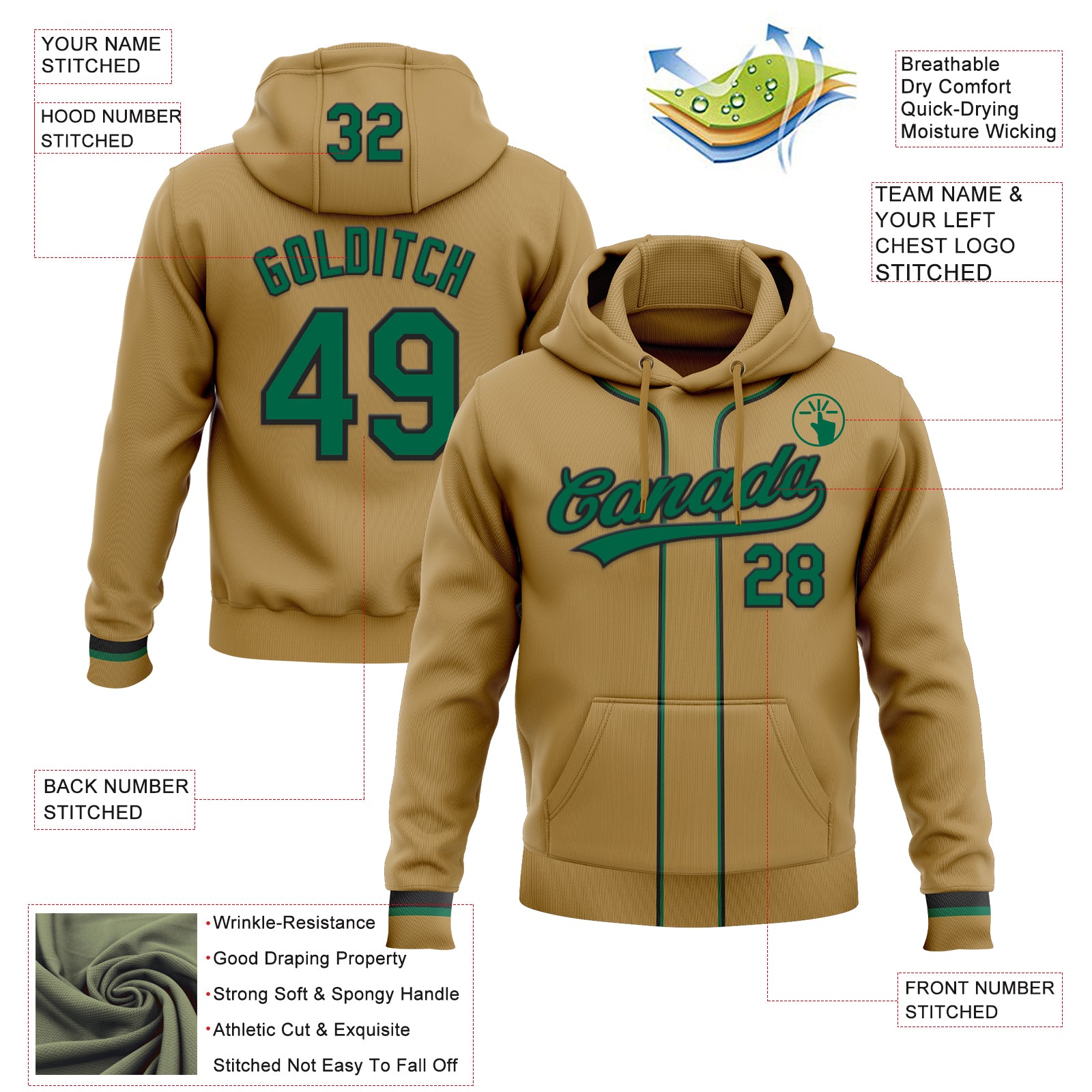 Custom Stitched Old Gold Kelly Green-Black Baseball Pullover Sweatshirt Hoodie