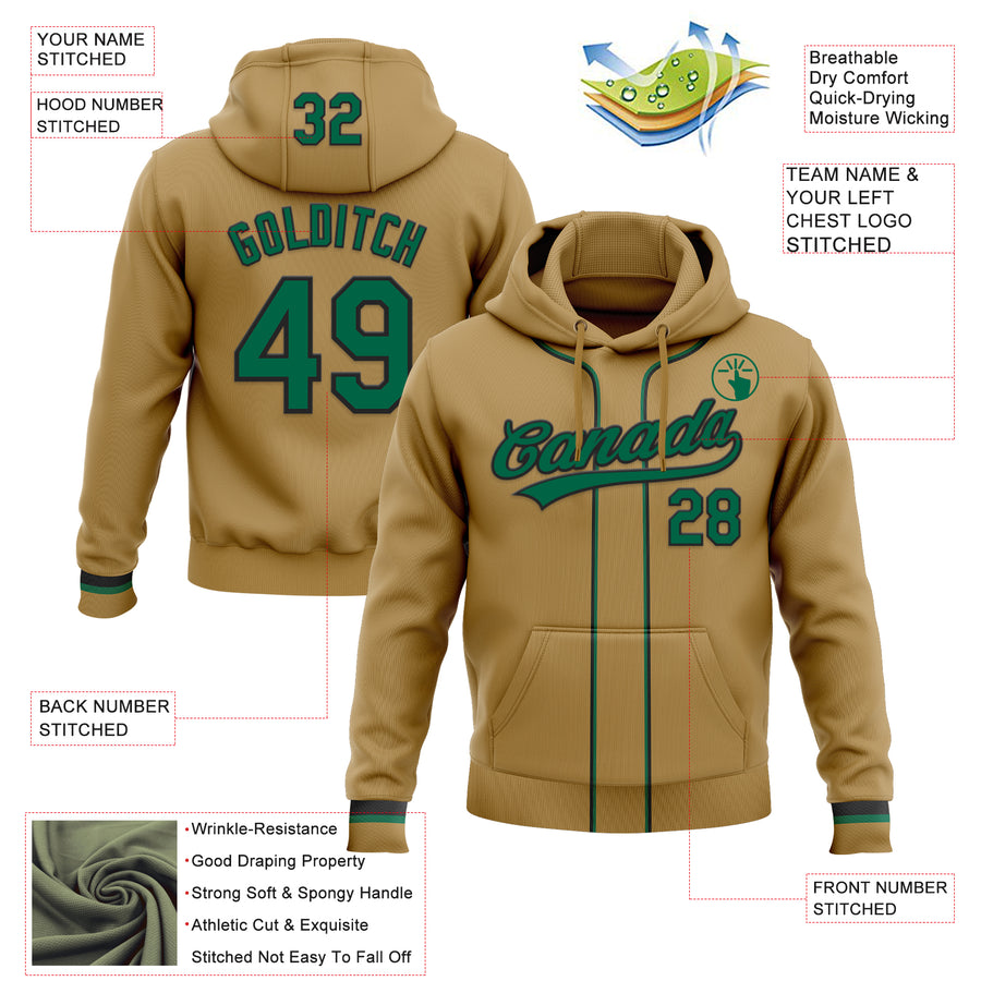 Custom Stitched Old Gold Kelly Green-Black Baseball Pullover Sweatshirt Hoodie