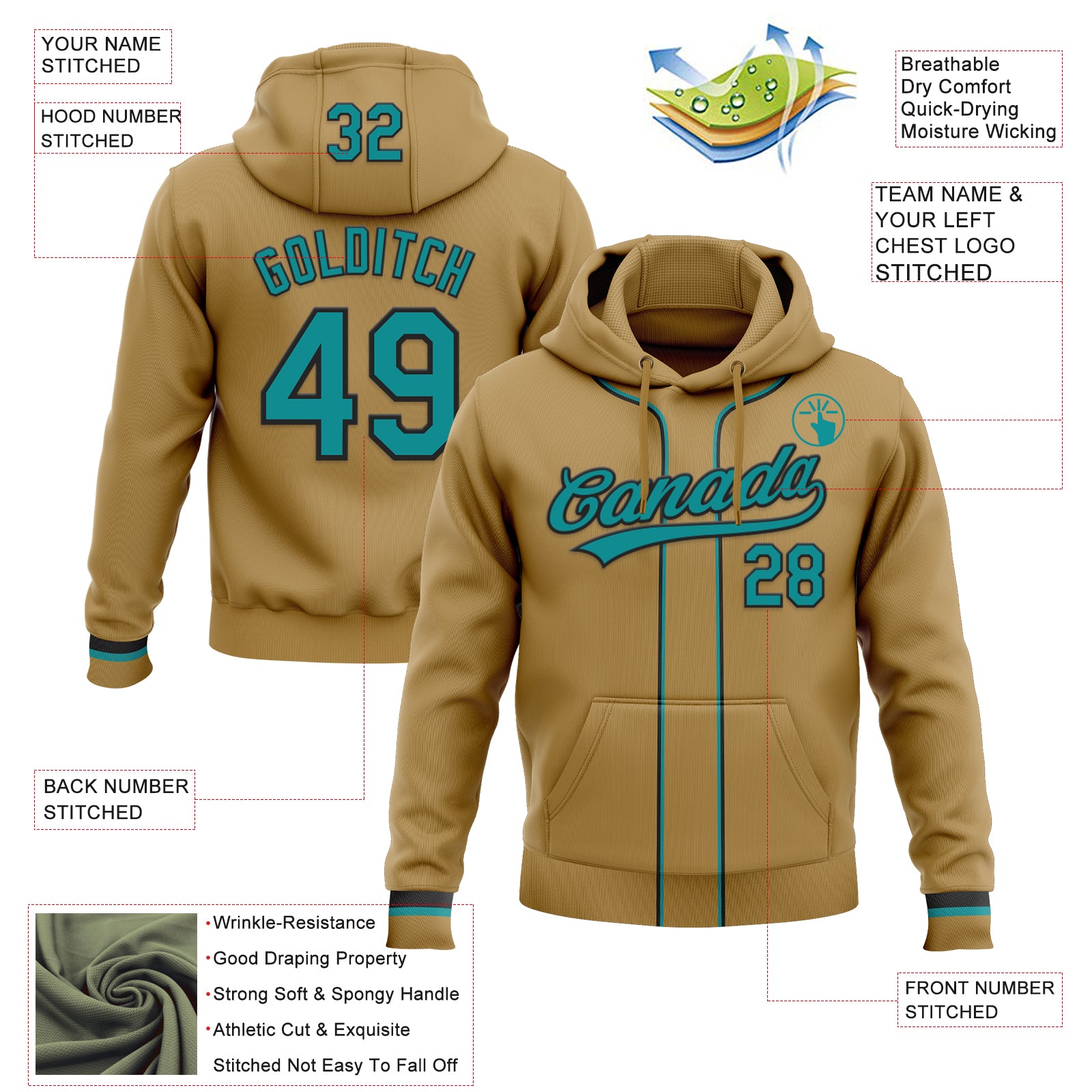 Custom Stitched Old Gold Teal-Black Baseball Pullover Sweatshirt Hoodie