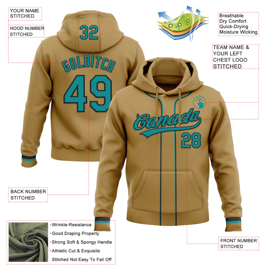 Custom Stitched Old Gold Teal-Black Baseball Pullover Sweatshirt Hoodie