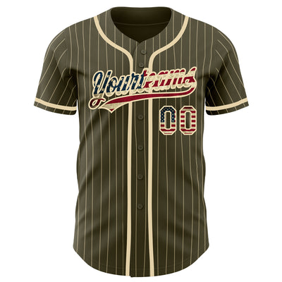 Custom Olive City Cream Pinstripe Vintage USA Flag Authentic Salute To Service Baseball Jersey