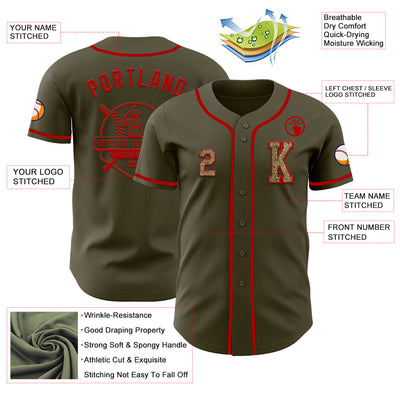 Custom Olive Camo-Red Authentic Salute To Service Baseball Jersey