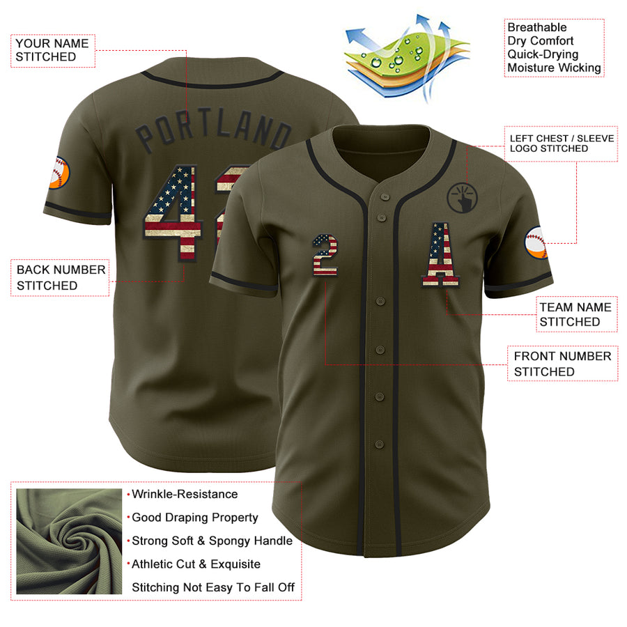 Custom Olive Vintage USA Flag-Black Authentic Salute To Service Baseball Jersey