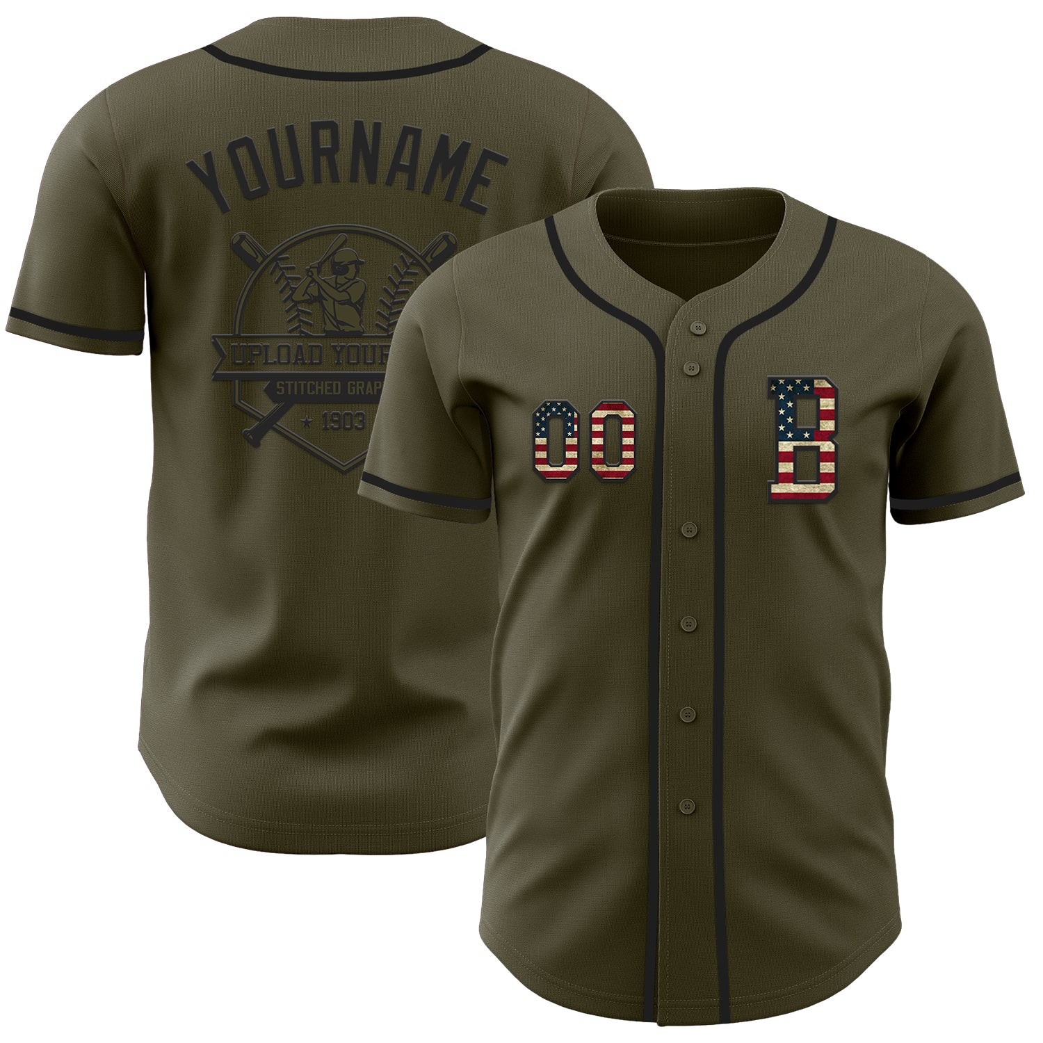 Custom Olive Vintage USA Flag-Black Authentic Salute To Service Baseball Jersey