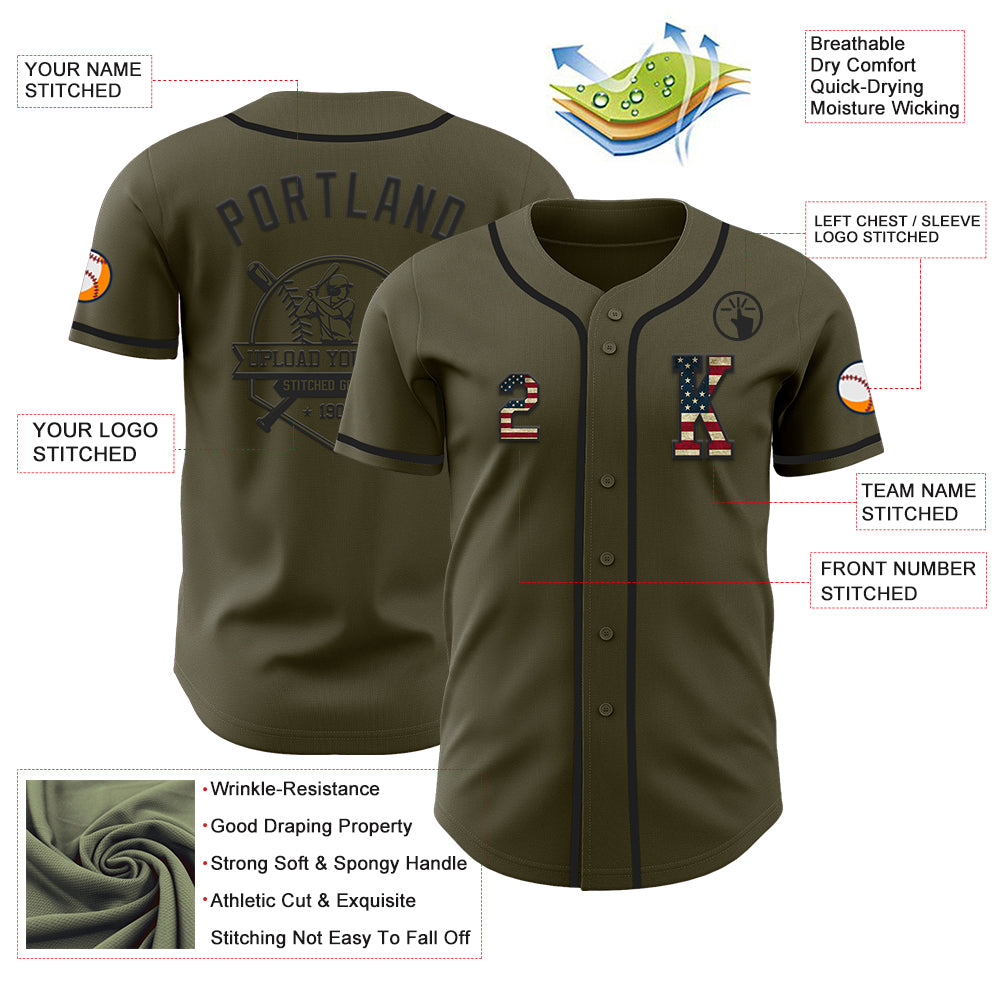 Custom Olive Vintage USA Flag-Black Authentic Salute To Service Baseball Jersey