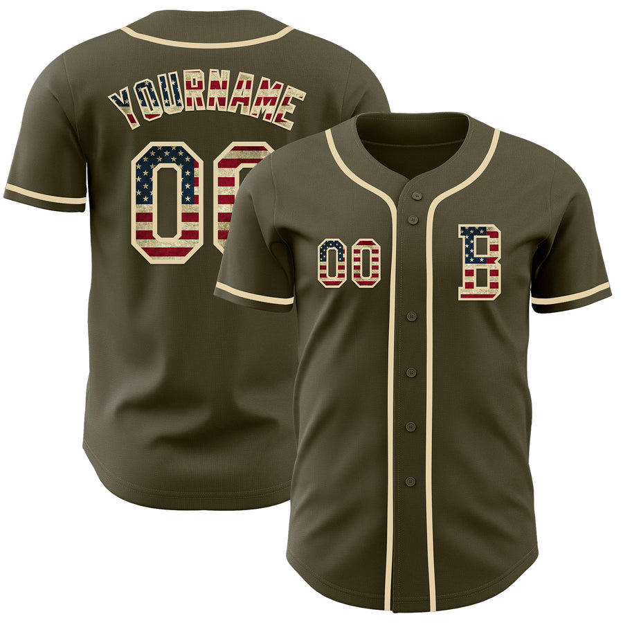 Custom Olive Vintage USA Flag-Cream Authentic Salute To Service Baseball Jersey