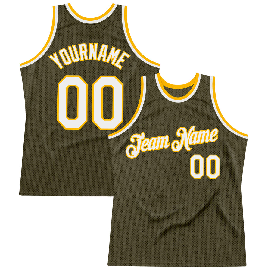 Custom Olive White-Gold Authentic Throwback Salute To Service Basketball Jersey