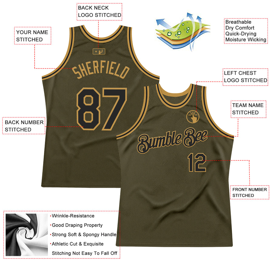 Custom Olive Black-Old Gold Authentic Throwback Salute To Service Basketball Jersey