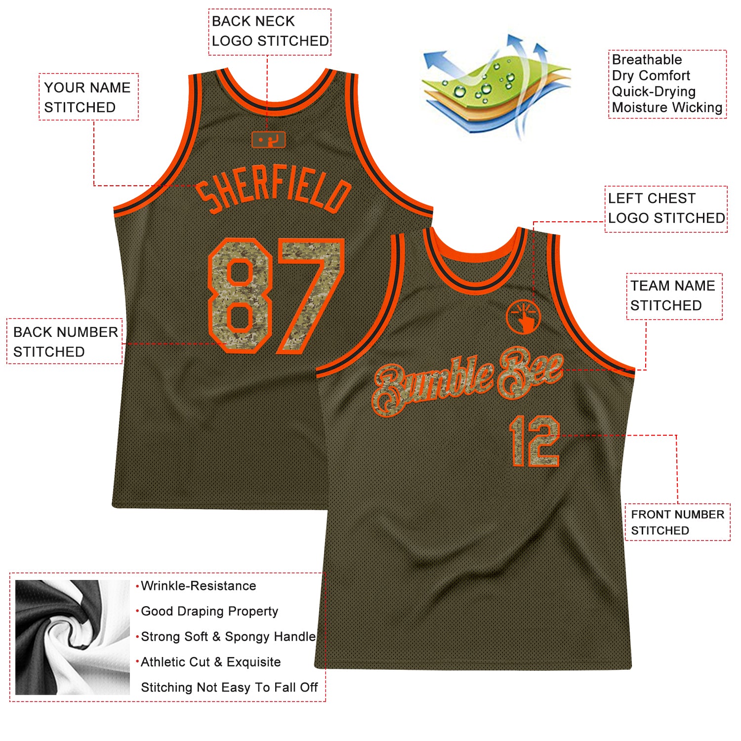Custom Olive Camo Orange-Black Authentic Throwback Salute To Service Basketball Jersey