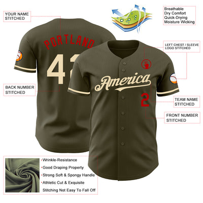 Custom Olive Cream-Red Authentic Salute To Service Baseball Jersey