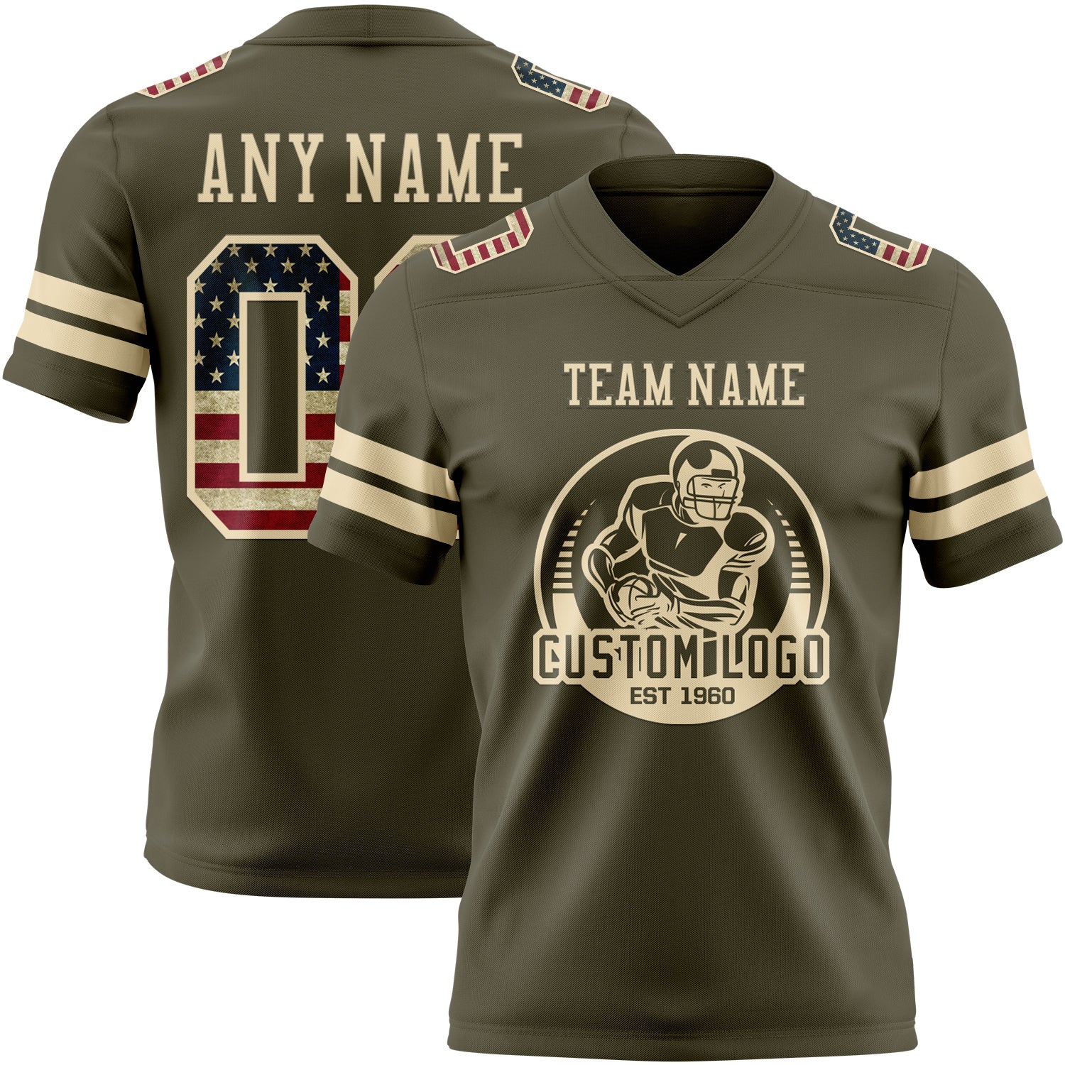 Custom Olive Vintage USA Flag-Cream Authentic Salute To Service Football Jersey