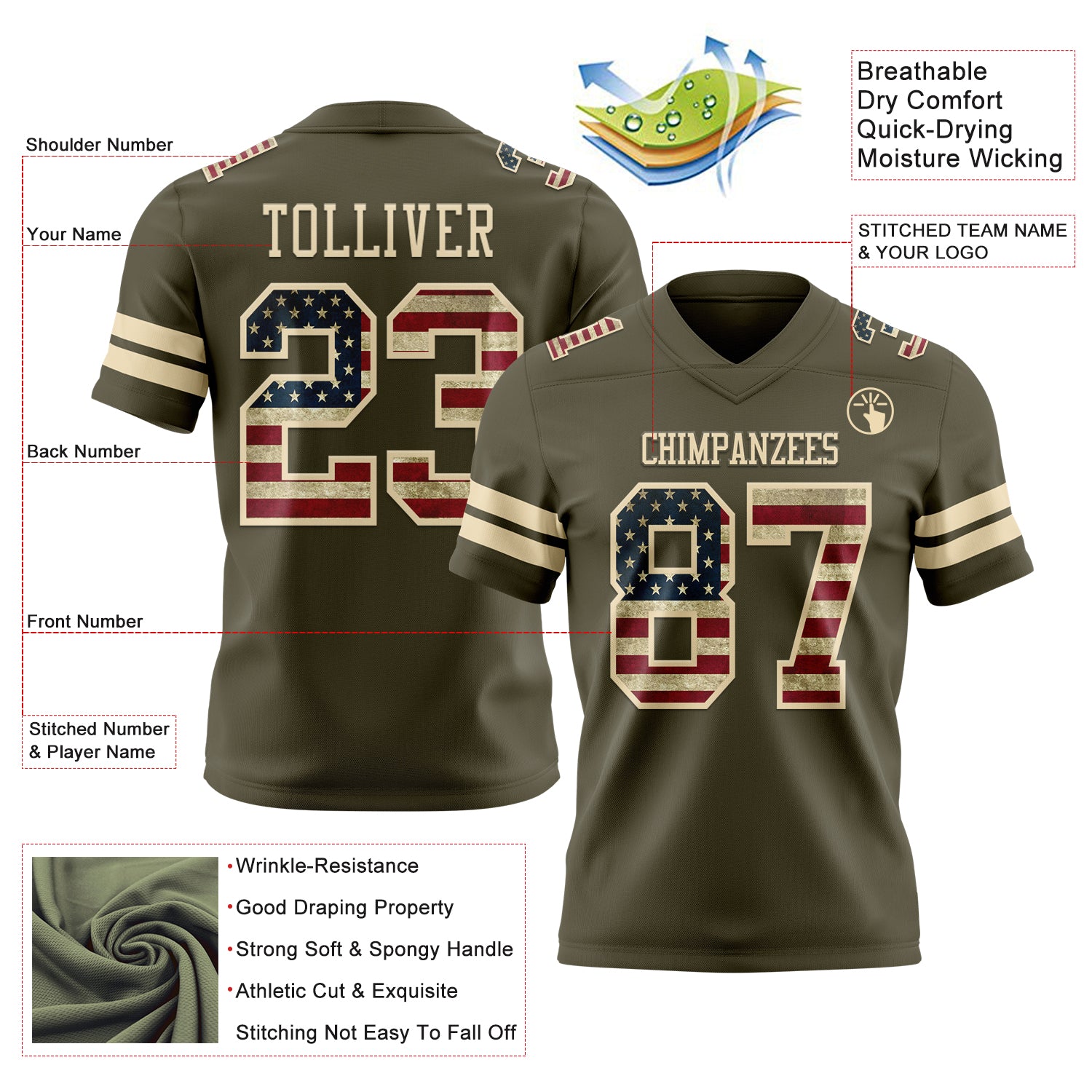 Custom Olive Vintage USA Flag-Cream Authentic Salute To Service Football Jersey