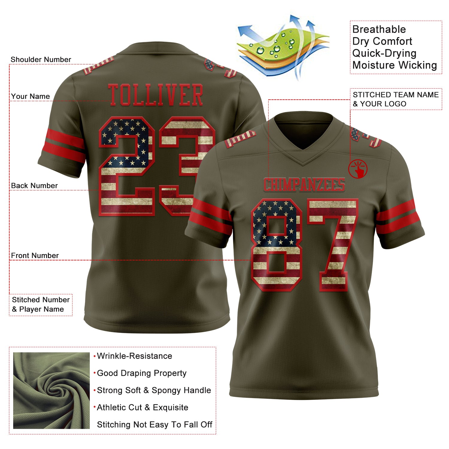 Custom Olive Vintage USA Flag-Red Authentic Salute To Service Football Jersey