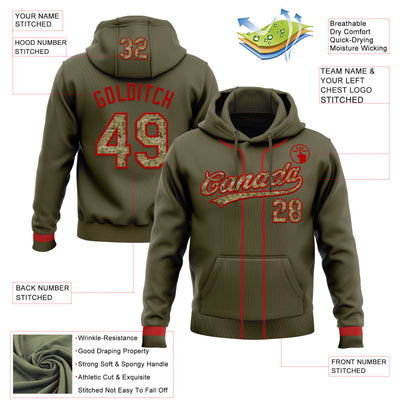 Custom Stitched Olive Camo-Red Baseball Pullover Sweatshirt Hoodie