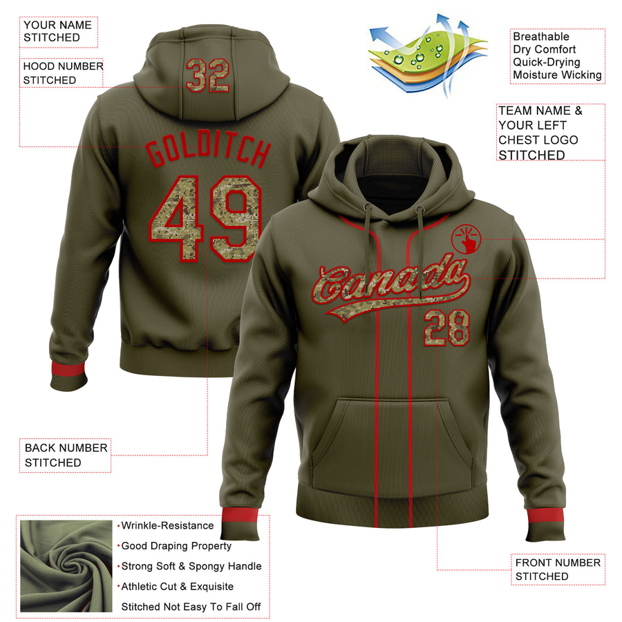 Custom Stitched Olive Camo-Red Baseball Pullover Sweatshirt Hoodie