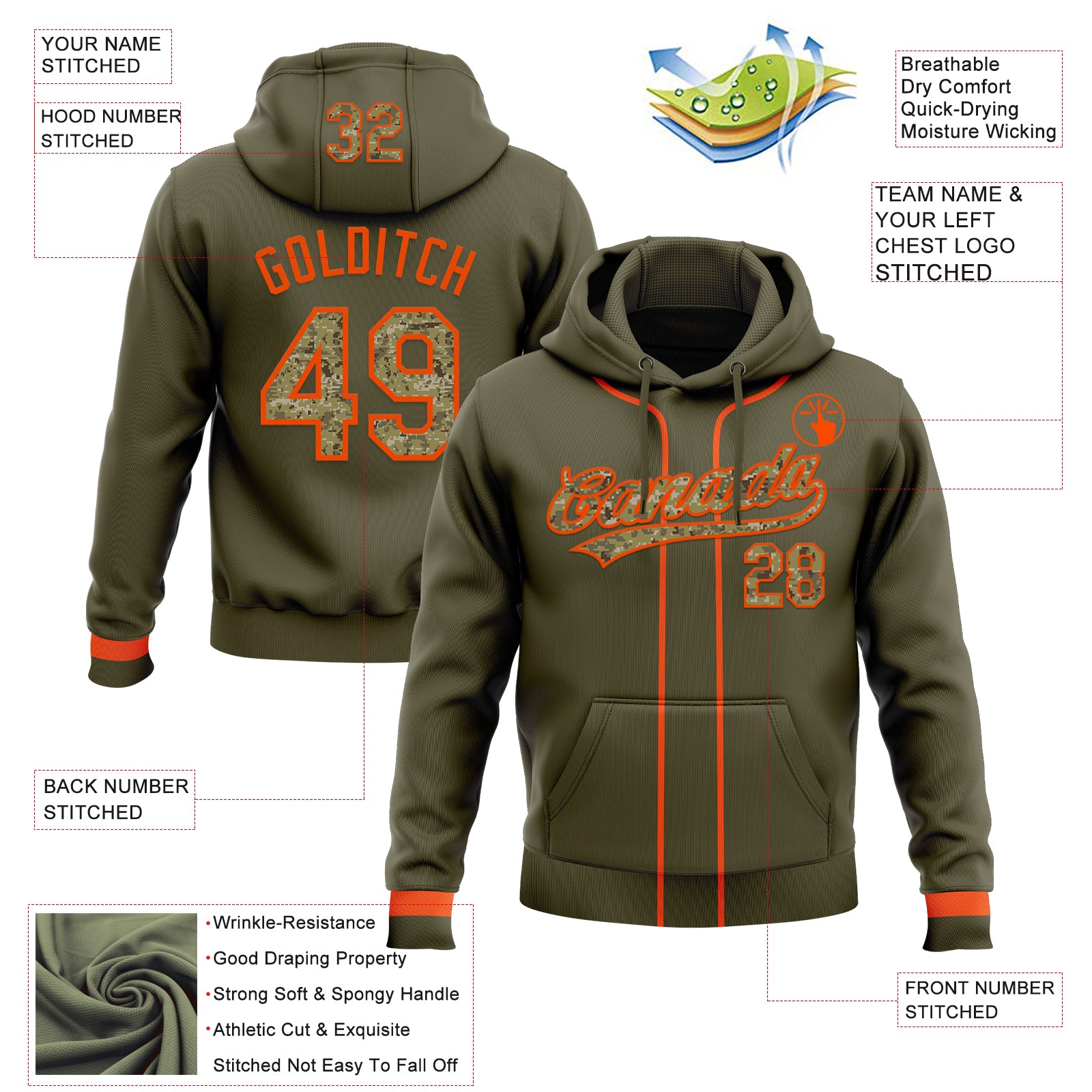 Custom Stitched Olive Camo-Orange Baseball Pullover Sweatshirt Hoodie