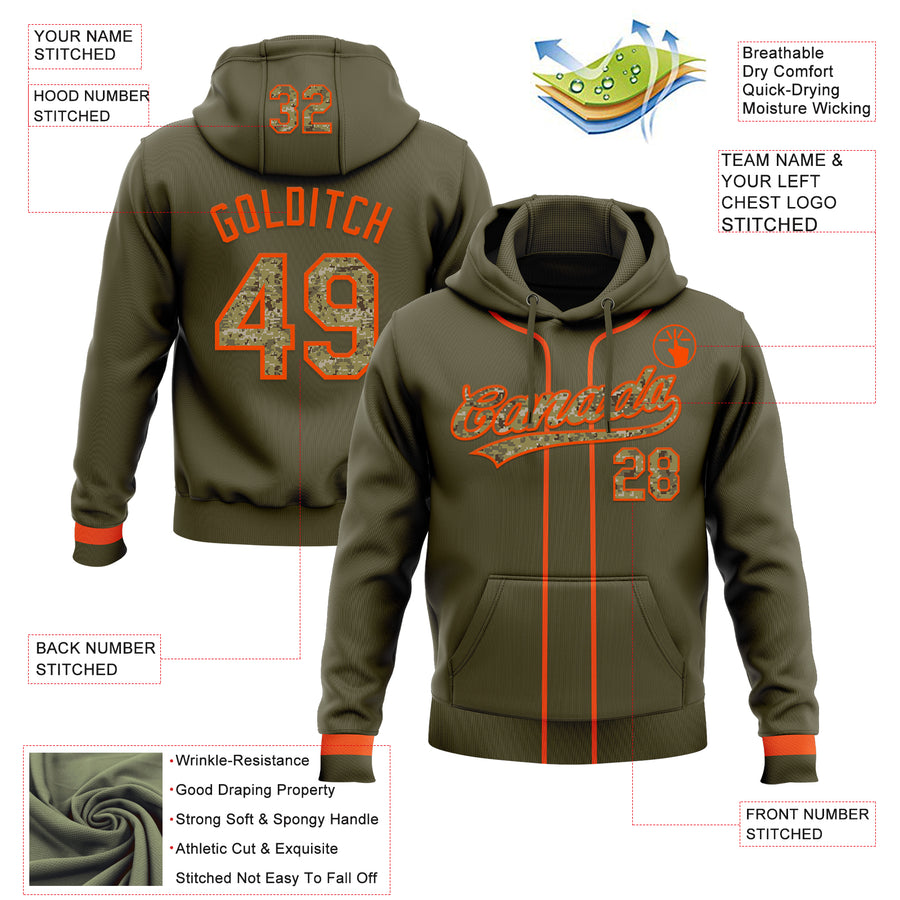 Custom Stitched Olive Camo-Orange Baseball Pullover Sweatshirt Hoodie