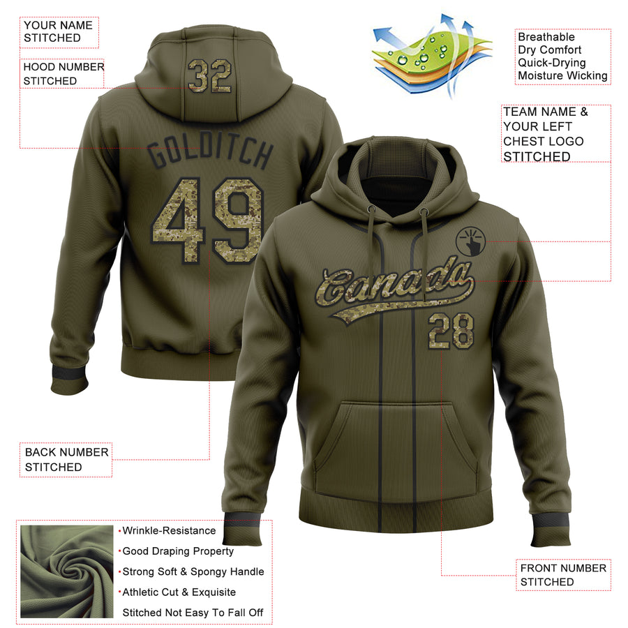 Custom Stitched Olive Camo-Black Baseball Pullover Sweatshirt Hoodie