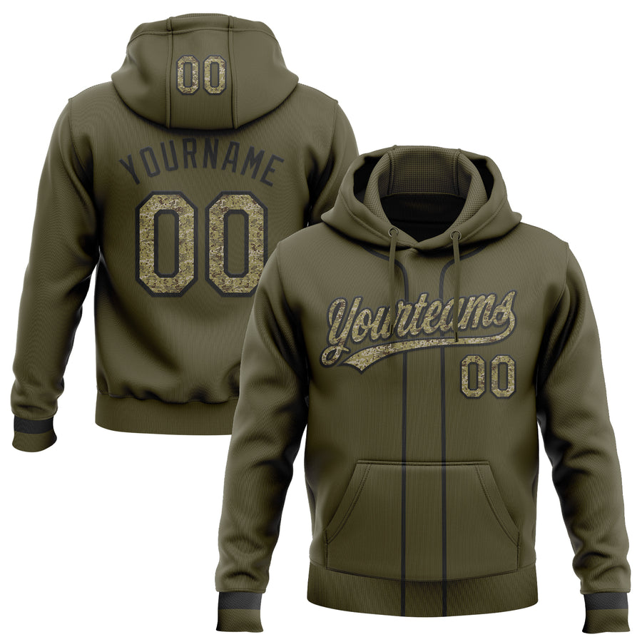 Custom Stitched Olive Camo-Black Baseball Pullover Sweatshirt Hoodie