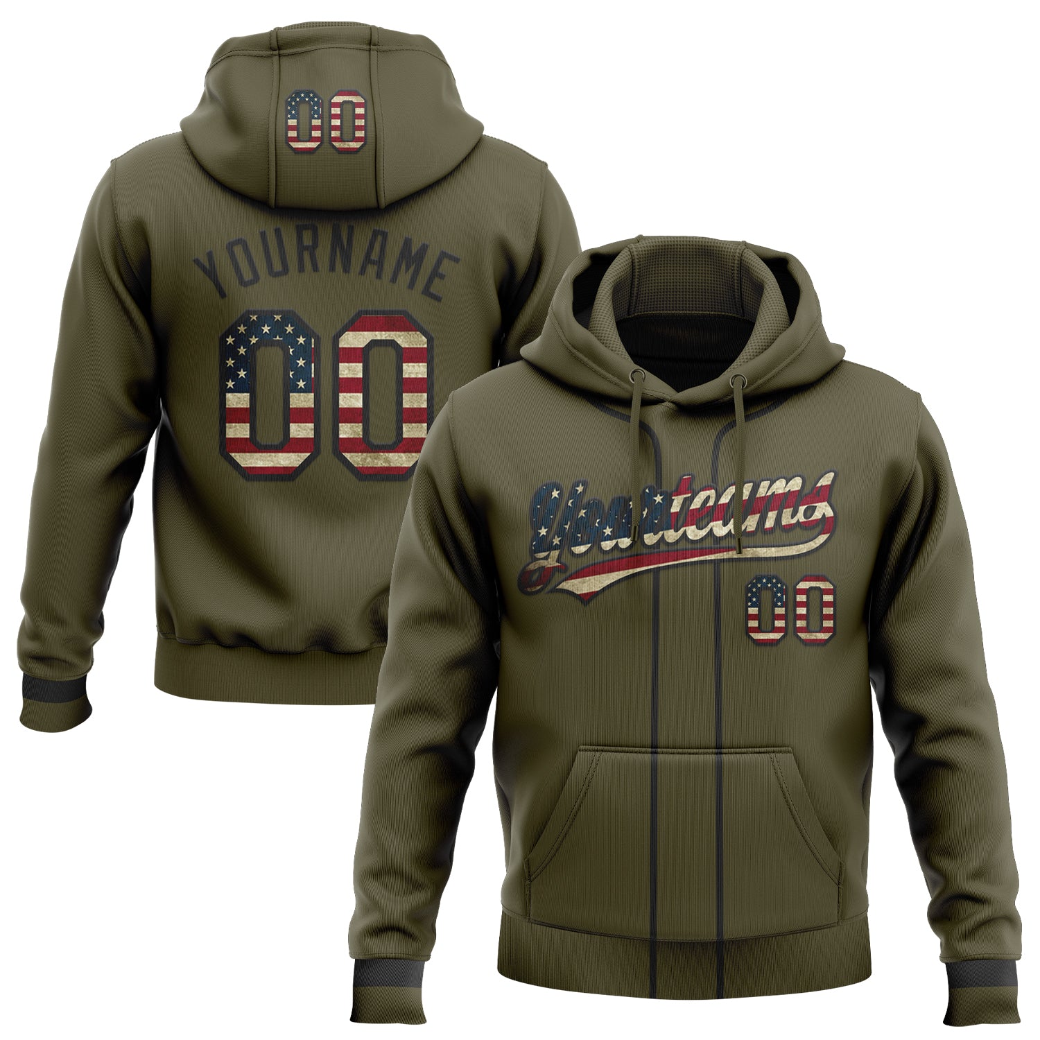 Custom Stitched Olive Vintage USA Flag-Black Baseball Pullover Sweatshirt Hoodie