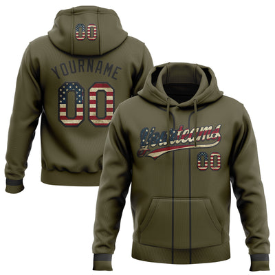 Custom Stitched Olive Vintage USA Flag-Black Baseball Pullover Sweatshirt Hoodie