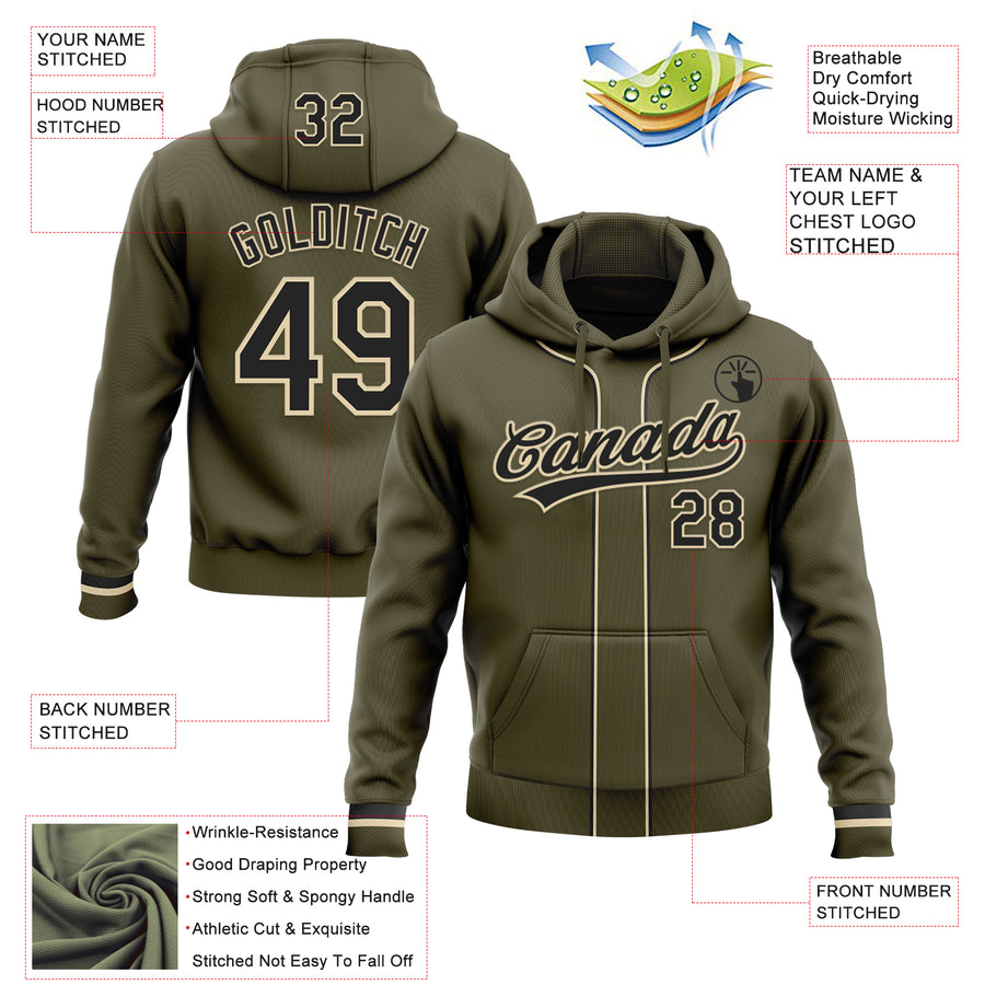 Custom Stitched Olive Black-Cream Baseball Pullover Sweatshirt Hoodie