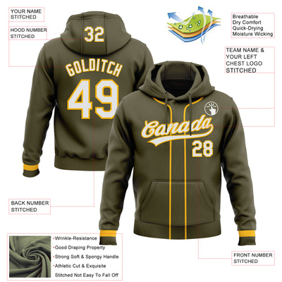 Custom Stitched Olive White-Gold Baseball Pullover Sweatshirt Hoodie