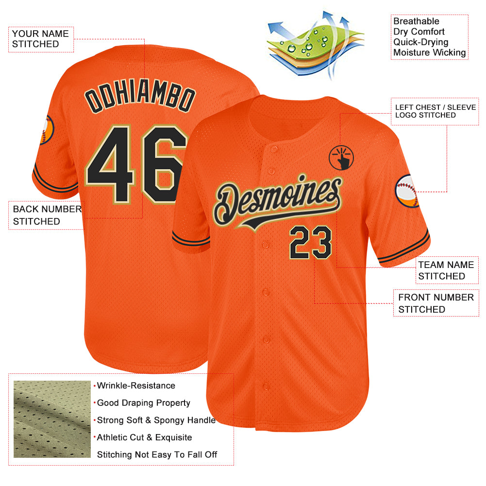 Custom Orange Black Cream-Old Gold Mesh Authentic Throwback Baseball Jersey
