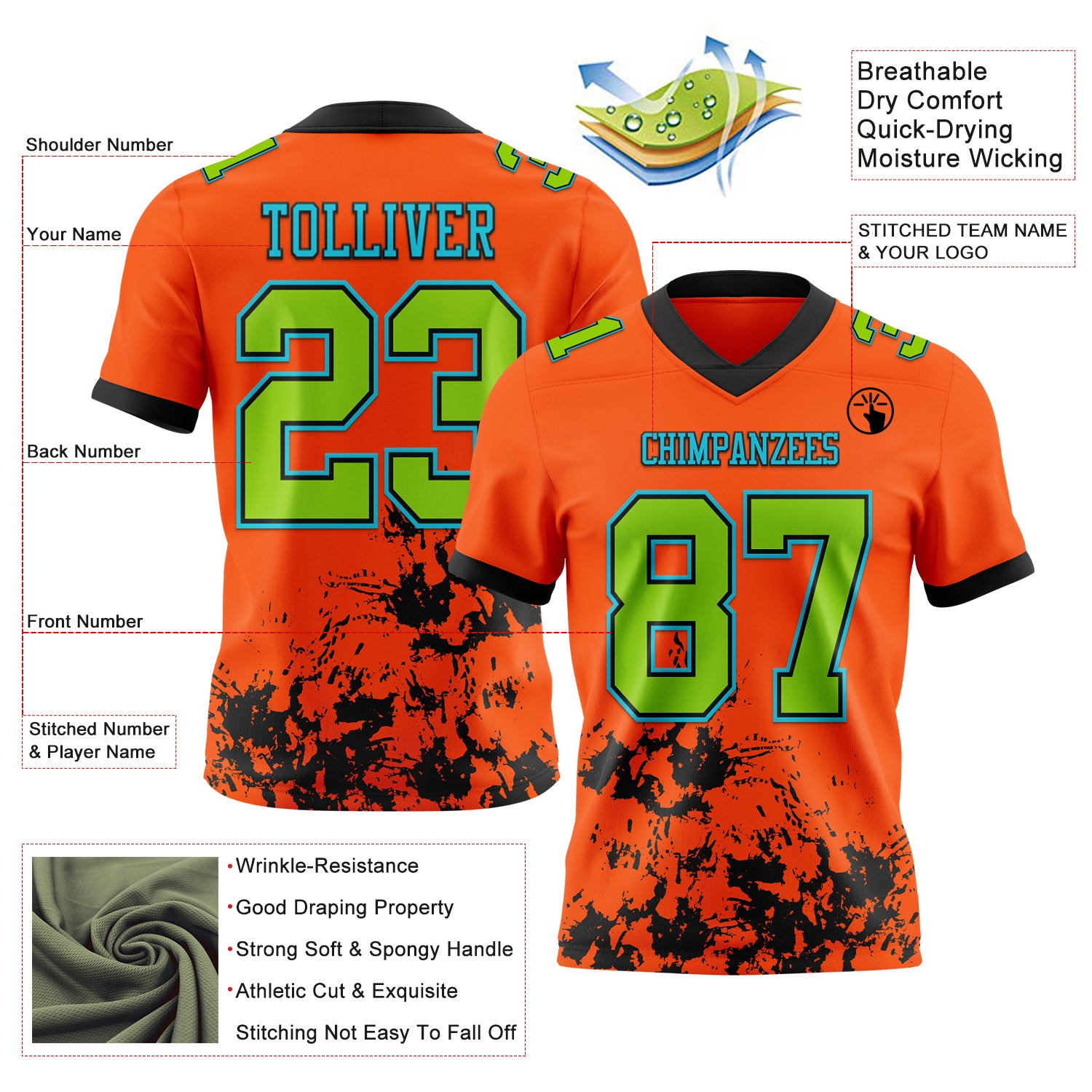 Custom Orange Neon Green Black-Lakes Blue 3D Pattern Splash Authentic Football Jersey