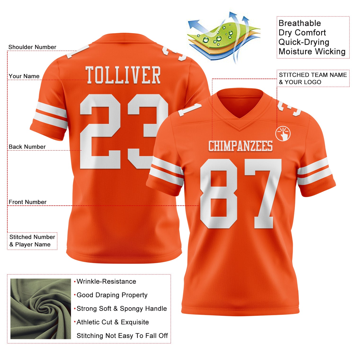 Custom Orange White Authentic Football Jersey
