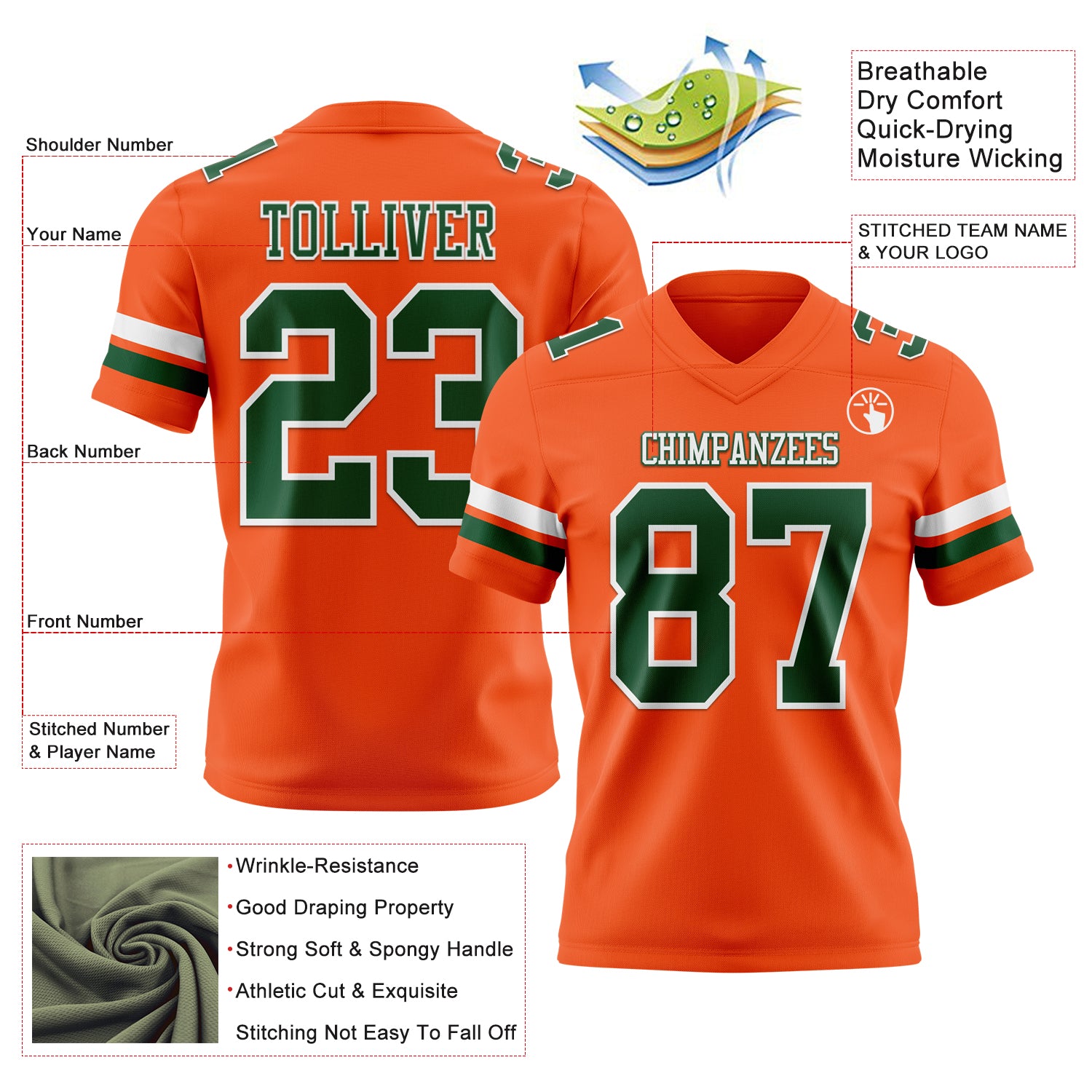 Custom Orange Green-White Authentic Football Jersey