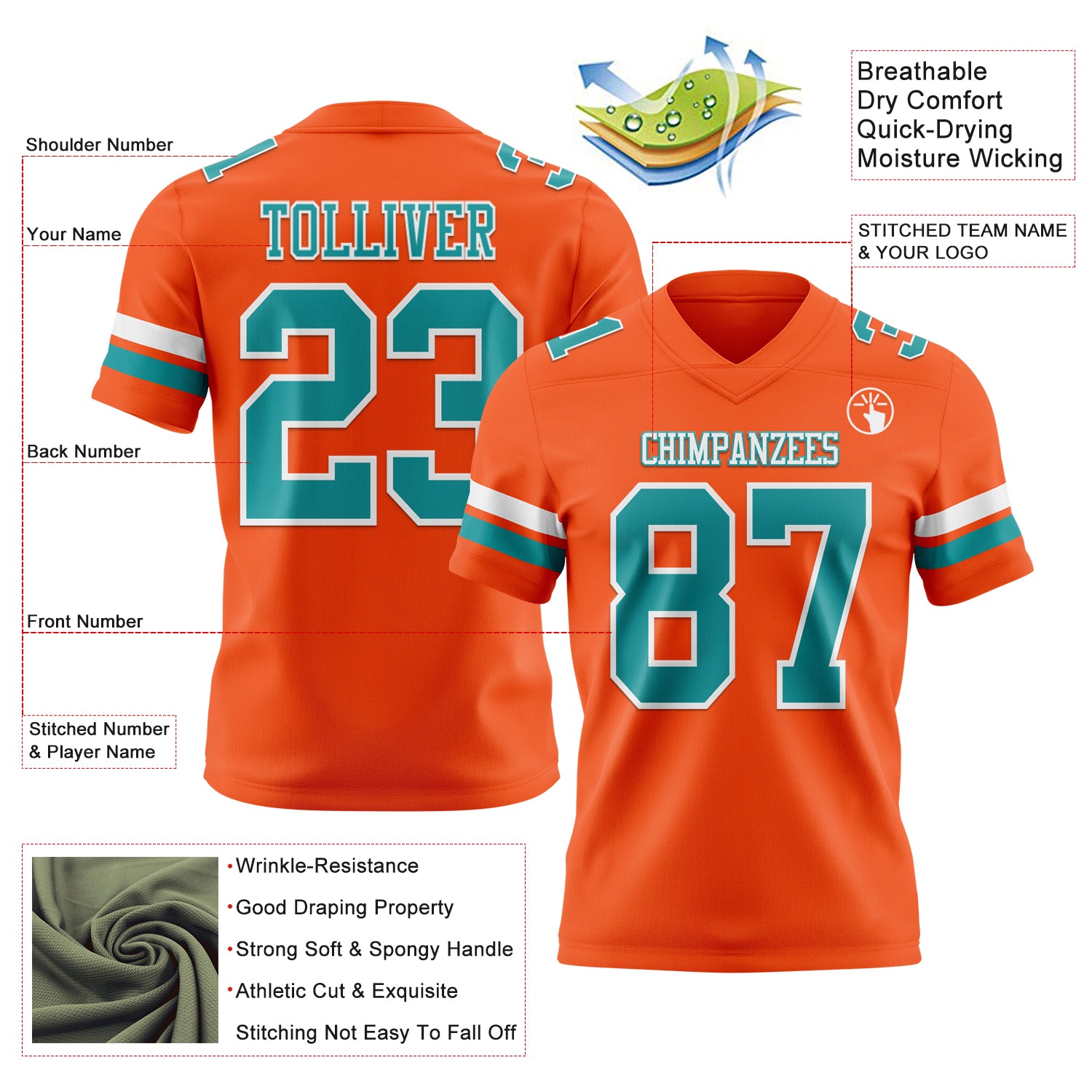 Custom Orange Teal-White Authentic Football Jersey