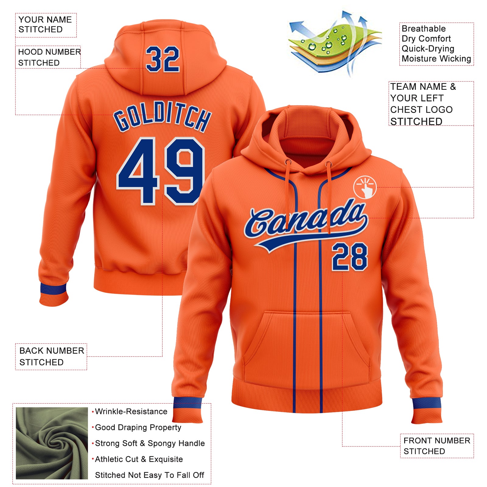 Custom Stitched Orange Royal-White Baseball Pullover Sweatshirt Hoodie