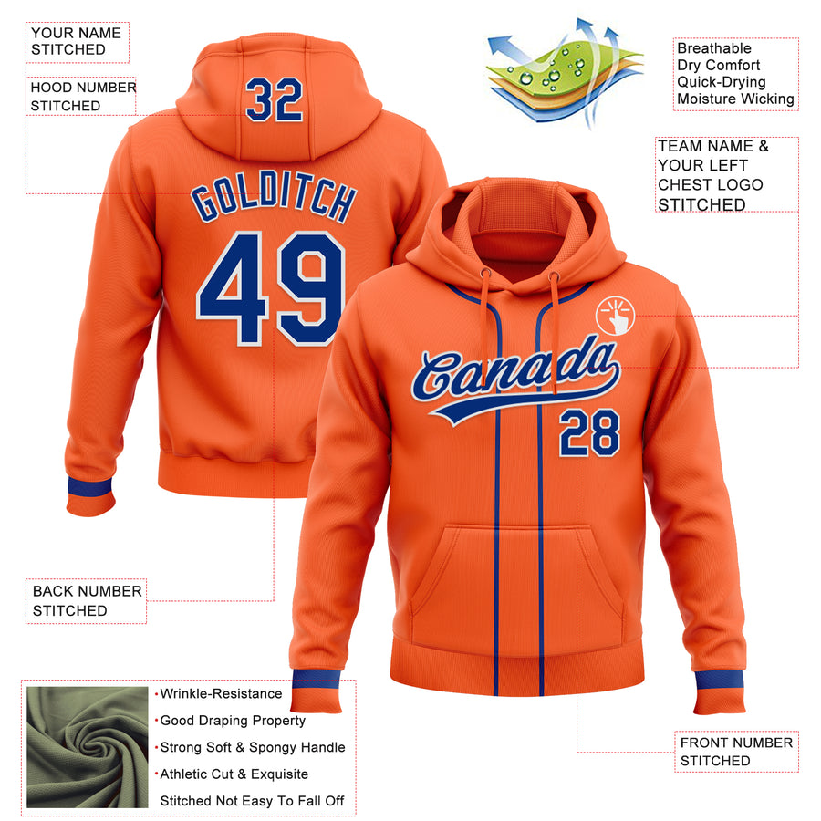Custom Stitched Orange Royal-White Baseball Pullover Sweatshirt Hoodie