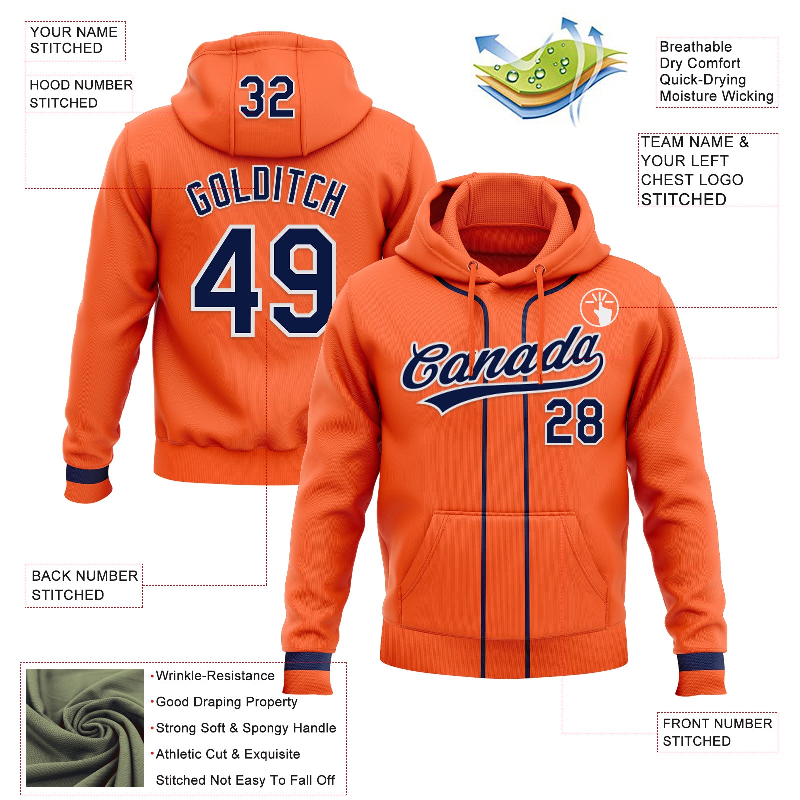 Custom Stitched Orange Navy-White Baseball Pullover Sweatshirt Hoodie