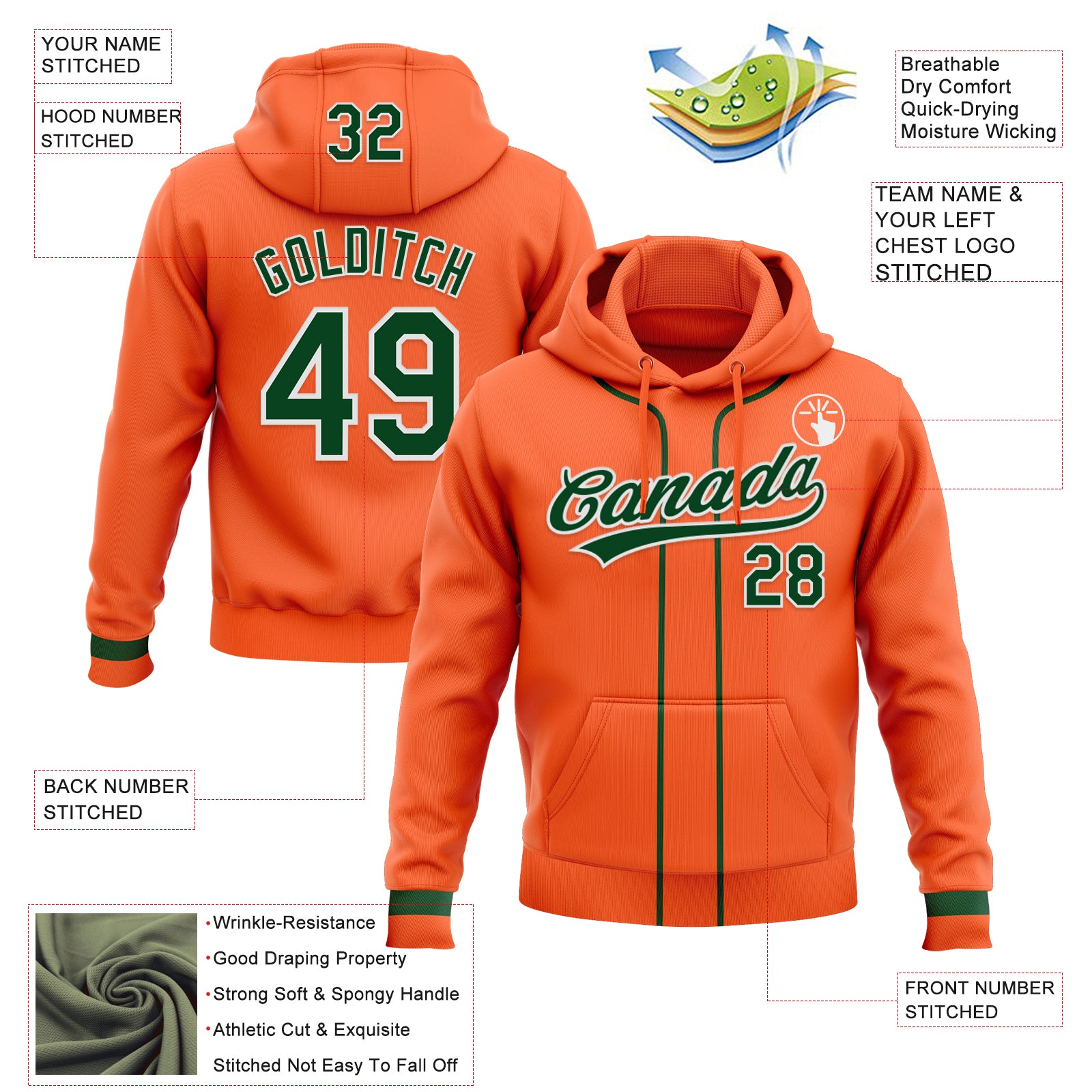 Custom Stitched Orange Green-White Baseball Pullover Sweatshirt Hoodie