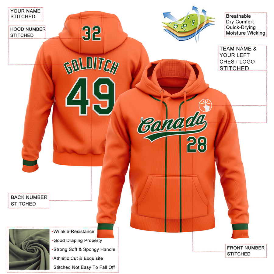 Custom Stitched Orange Green-White Baseball Pullover Sweatshirt Hoodie
