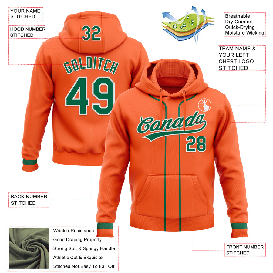 Custom Stitched Orange Kelly Green-White Baseball Pullover Sweatshirt Hoodie