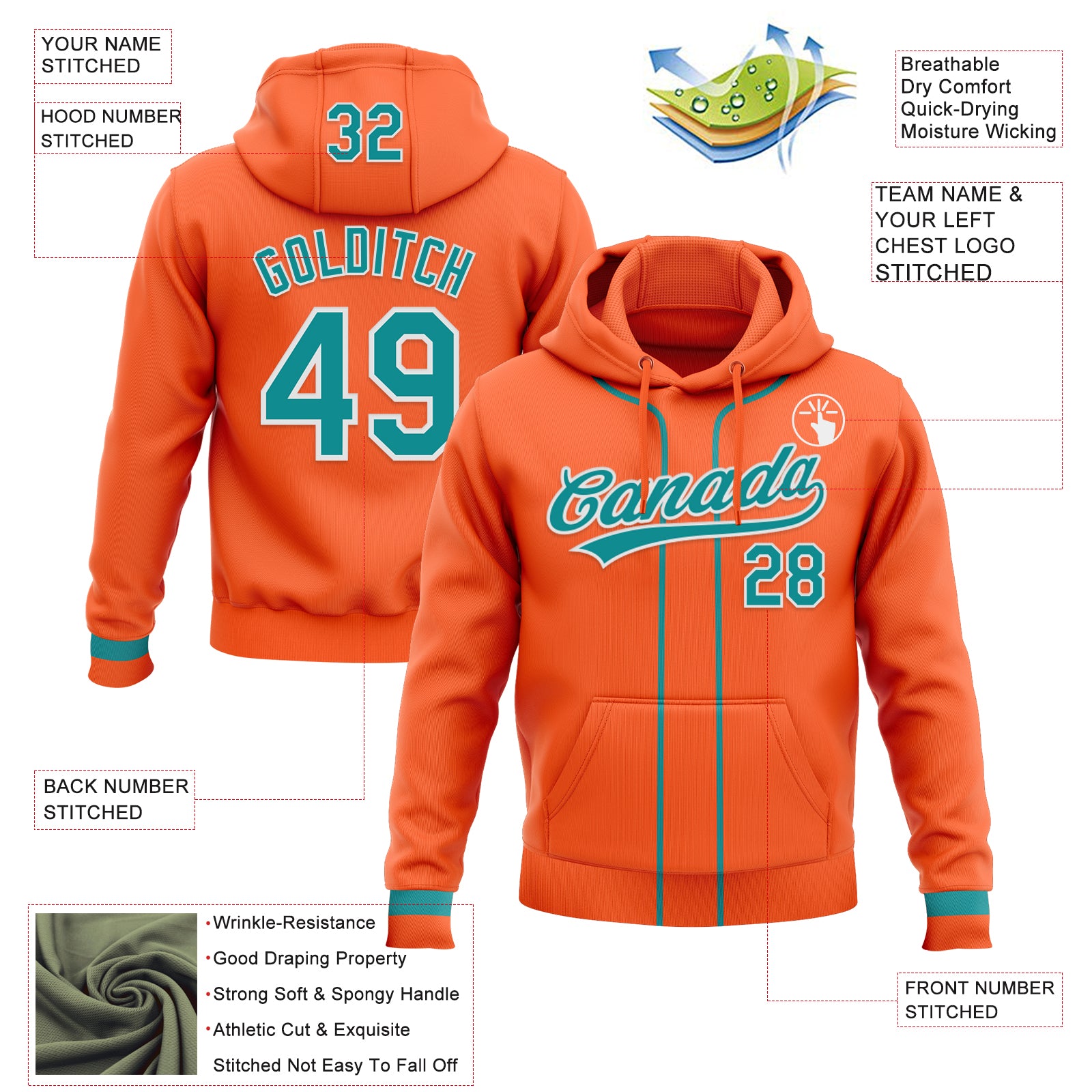 Custom Stitched Orange Teal-White Baseball Pullover Sweatshirt Hoodie