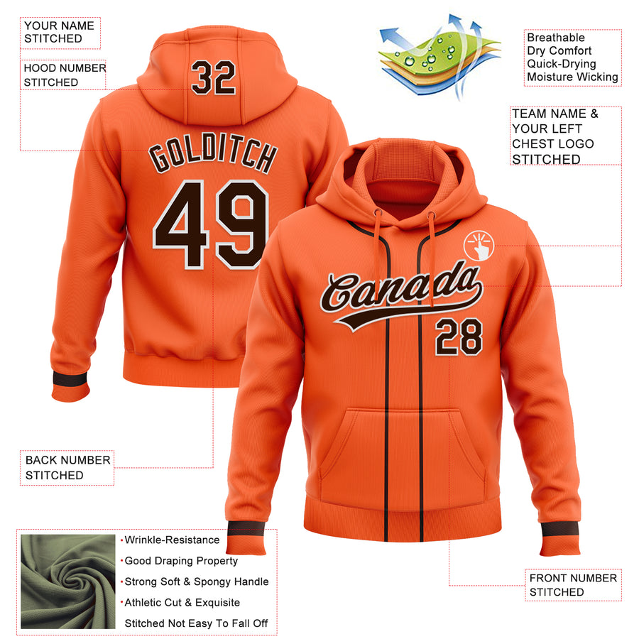 Custom Stitched Orange Brown-White Baseball Pullover Sweatshirt Hoodie