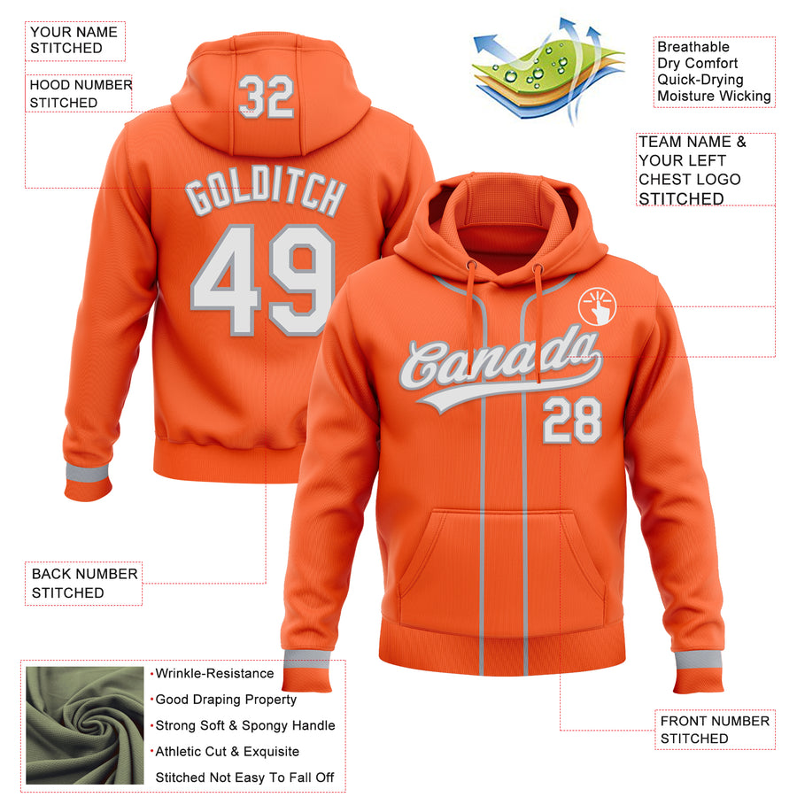 Custom Stitched Orange White-Gray Baseball Pullover Sweatshirt Hoodie