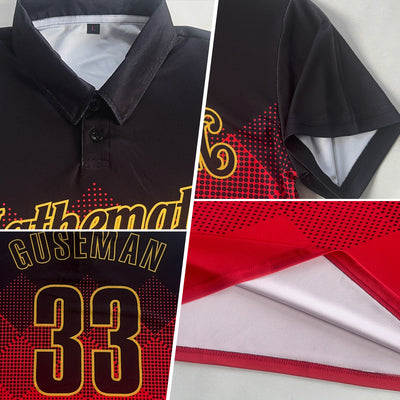 Custom Black Red-Old Gold 3D Pattern Design Gradient Square Shape Performance Polo Shirt