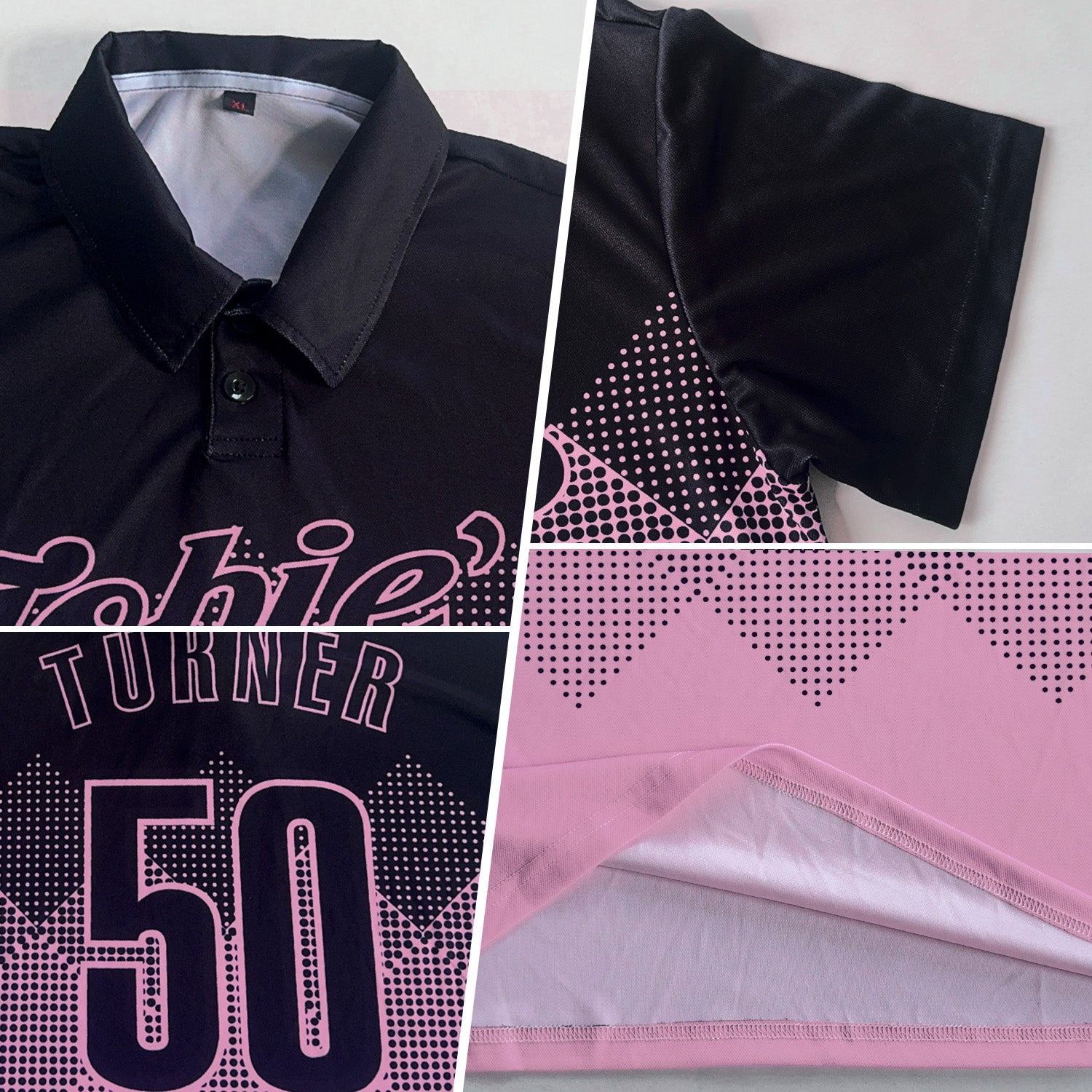 Custom Black Light Pink 3D Pattern Design Gradient Square Shape Performance Polo Shirt