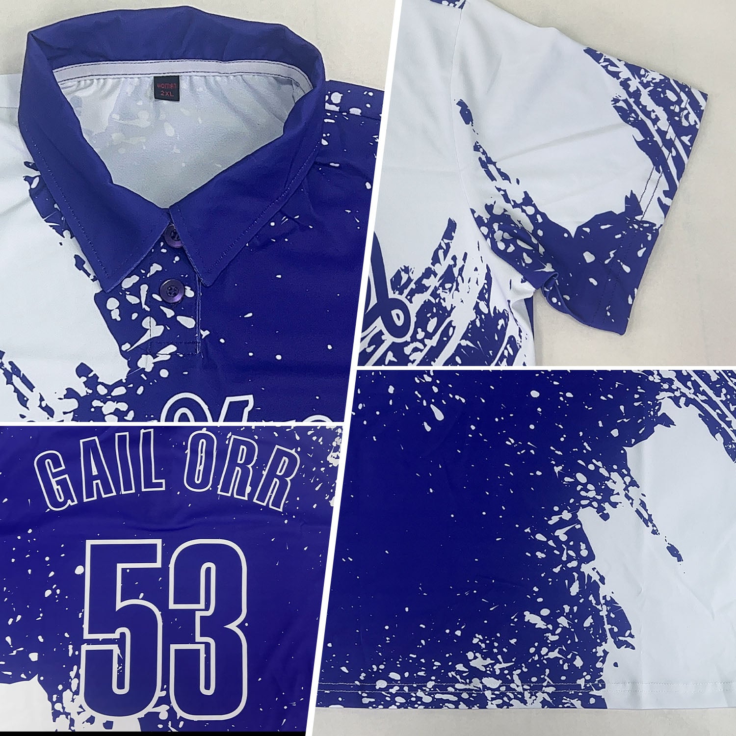 Custom White Royal 3D Pattern Design Abstract Brush Stroke Performance Polo Shirt