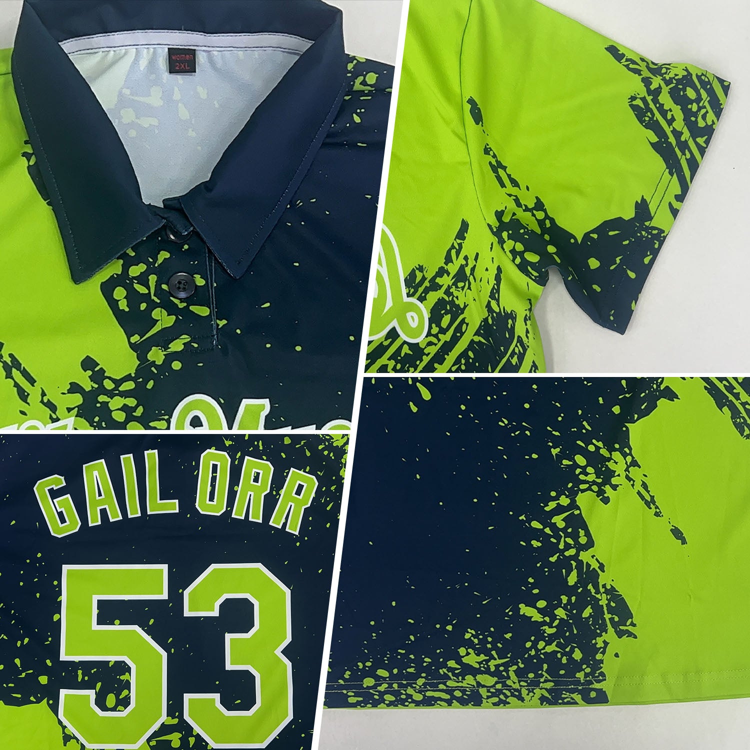Custom Neon Green Navy-White 3D Pattern Design Abstract Brush Stroke Performance Polo Shirt