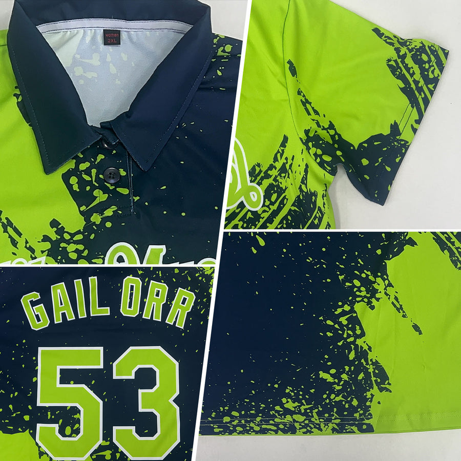 Custom Neon Green Navy-White 3D Pattern Design Abstract Brush Stroke Performance Polo Shirt
